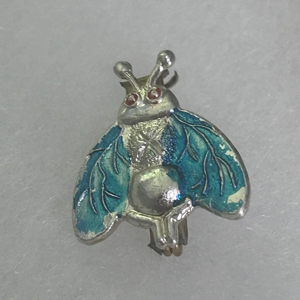 Blue Enamel Insect Fly Brooch Pin Red‎ Rhinestone Eyes Hong Kong Silver#757